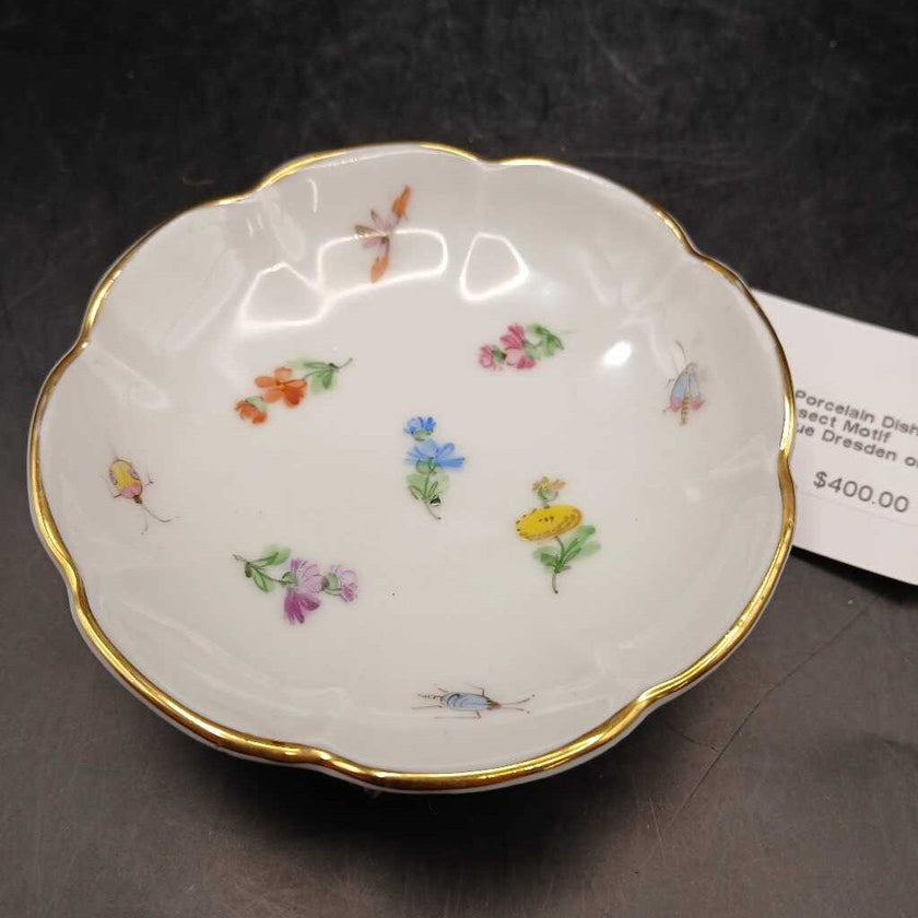 Antique Footed Porcelain Dish with Floral and Insect Motif Most Likely Antique Dresden or Meissen Circa late 1800s