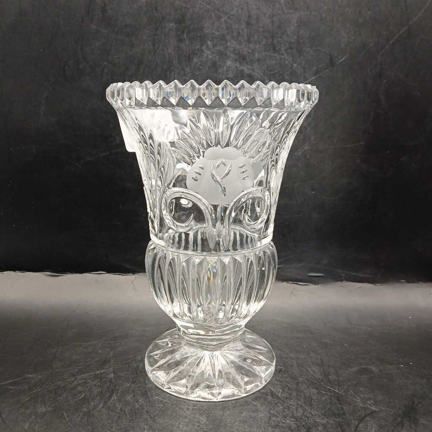 Vintage Mid Century Cut Glass Vase with Floral Design