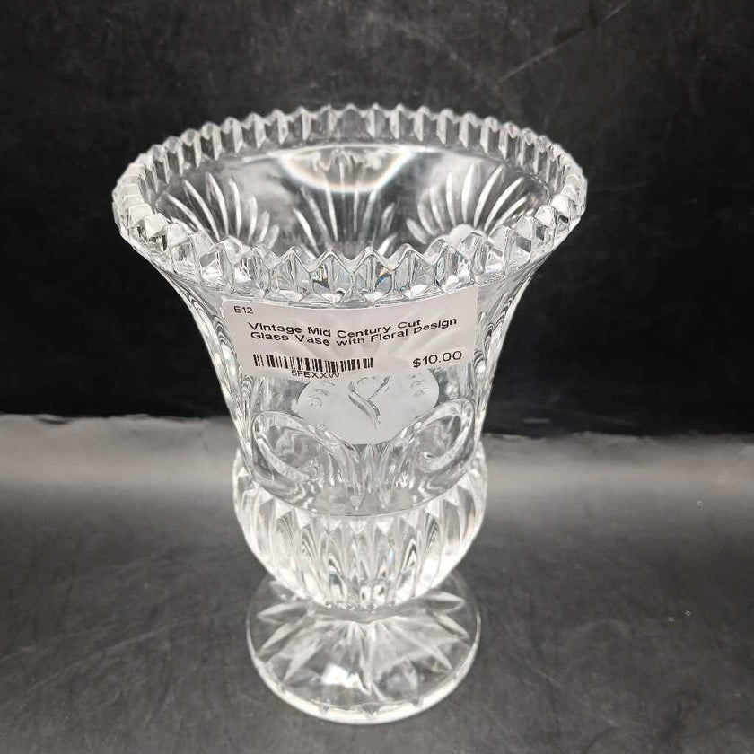 Vintage Mid Century Cut Glass Vase with Floral Design