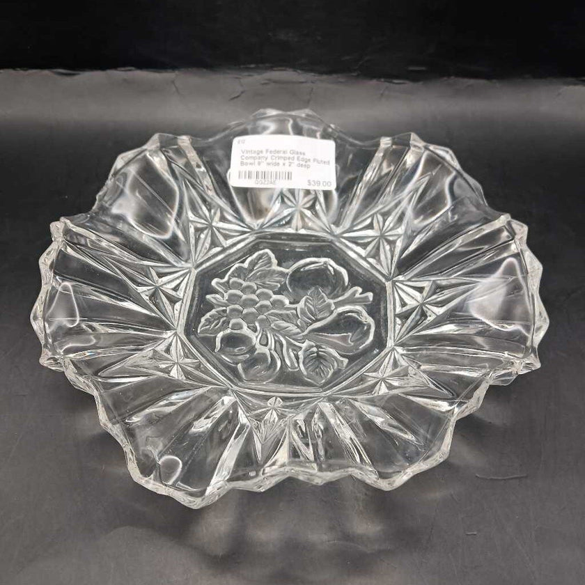 Vintage Federal Glass Company Crimped Edge Fluted Bowl 9