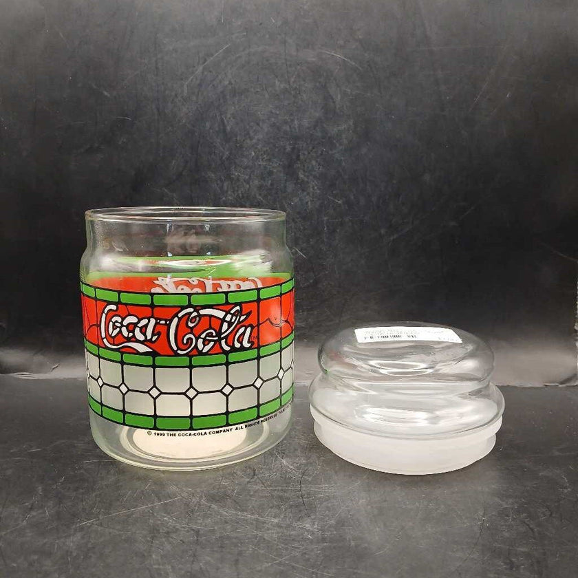 Vintage 1999 Coca-Cola Logo Stained Glass Look Canister Candy Jar With Lid