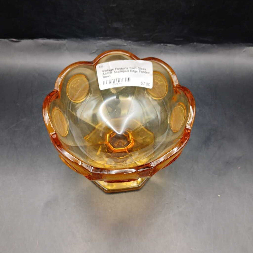 Vintage Fostoria Coin Glass Amber Scalloped Edge Footed Bowl