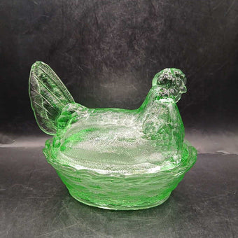Vintage Clear Green Glass Hen on Nest