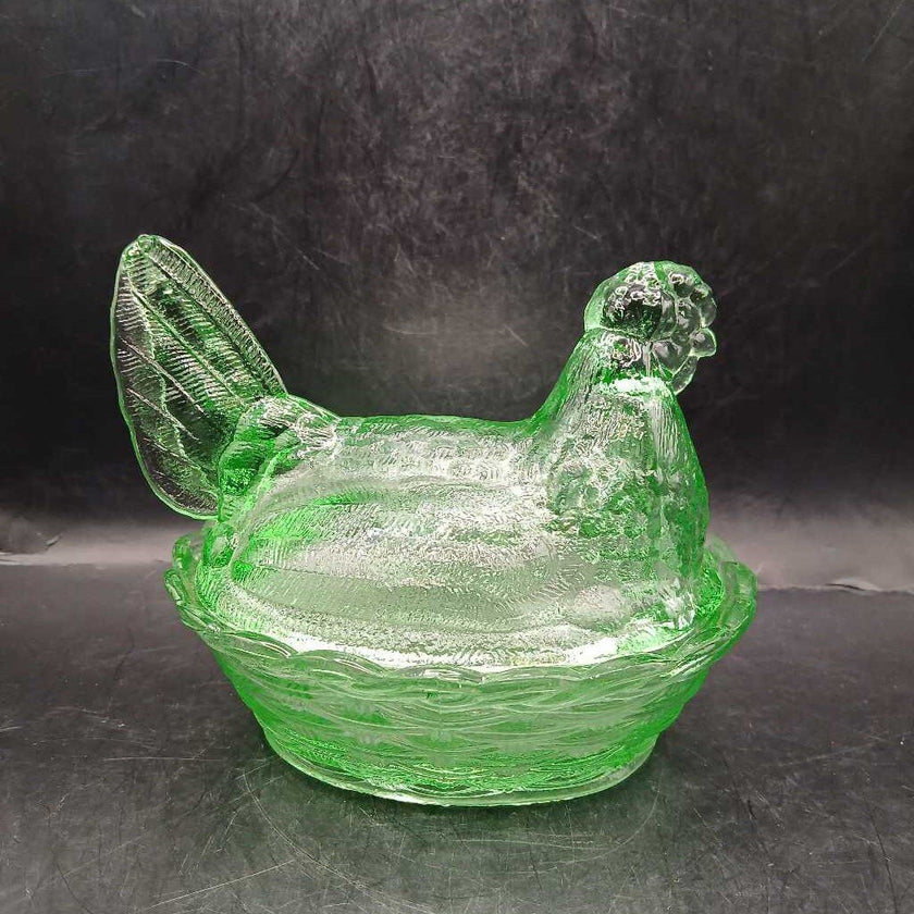 Vintage Clear Green Glass Hen on Nest
