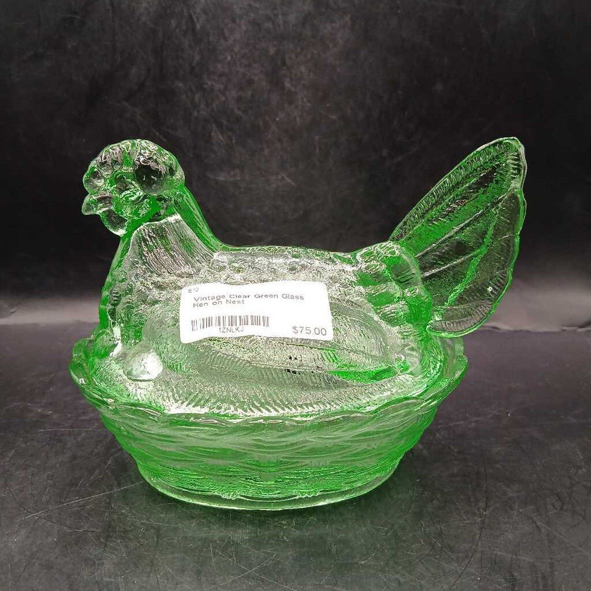 Vintage Clear Green Glass Hen on Nest