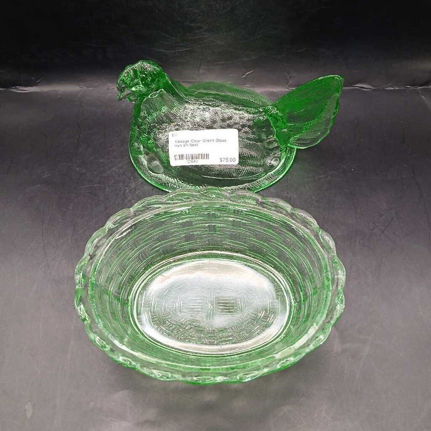 Vintage Clear Green Glass Hen on Nest
