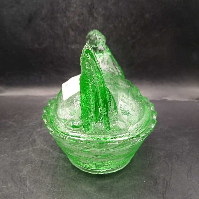 Vintage Clear Green Glass Hen on Nest