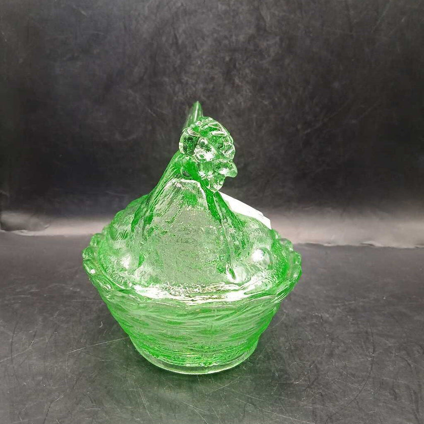Vintage Clear Green Glass Hen on Nest