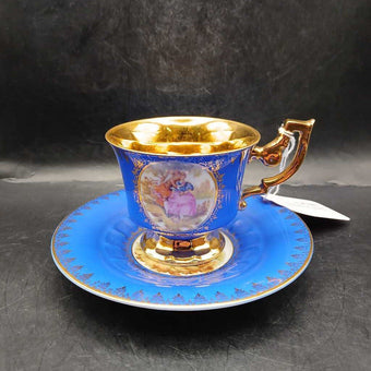 Antique German Cobalt Blue Porcelain Teacup and Saucer Set Circa late 1800s