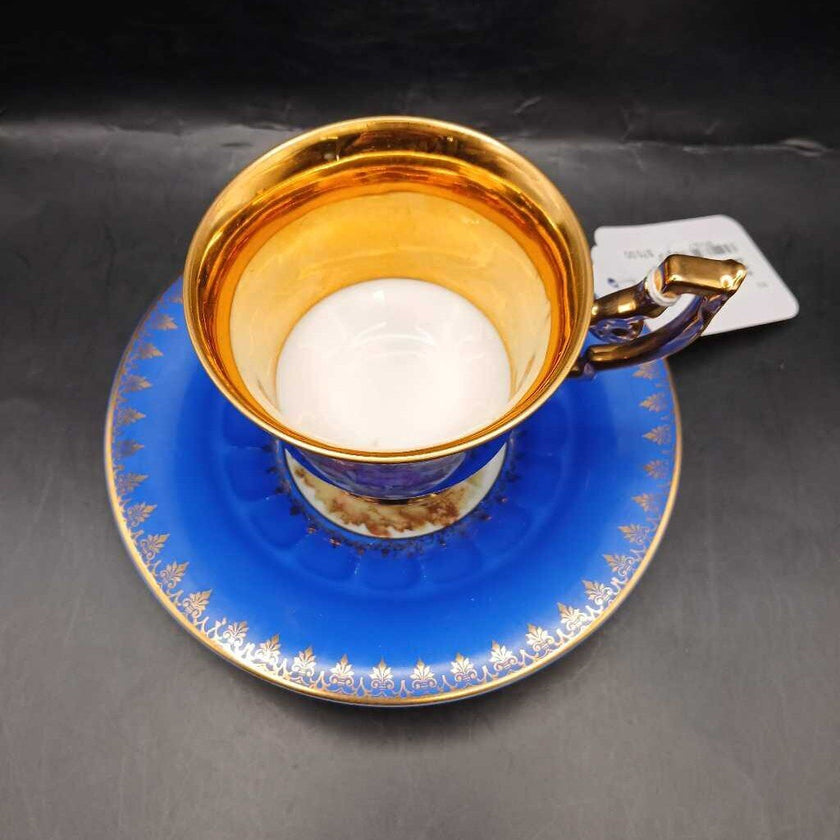 Antique German Cobalt Blue Porcelain Teacup and Saucer Set Circa late 1800s