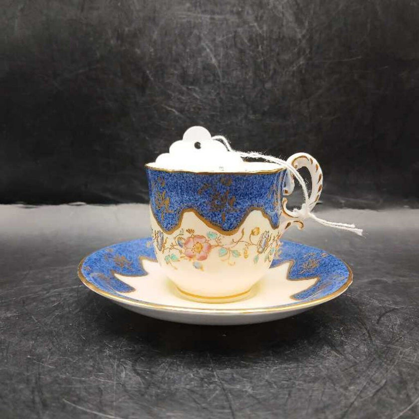 Royal Worchester Teacup and Saucer Set Made in England (Blue with Gold Trim and Flowers)