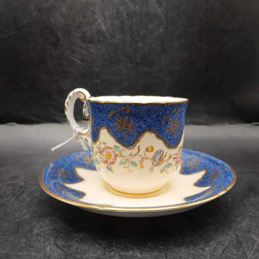 Royal Worchester Teacup and Saucer Set Made in England (Blue with Gold Trim and Flowers)