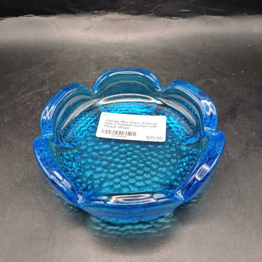 Vintage Blue Glass Ashtray with a Pebbled Texture and Flower Shape