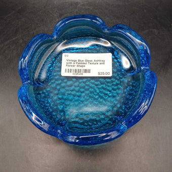 Vintage Blue Glass Ashtray with a Pebbled Texture and Flower Shape