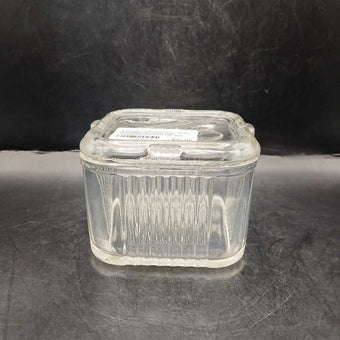 Vintage Federal Glass Square Refridgerator Dish with Vegetable Themed Lid and Ribbed Sides