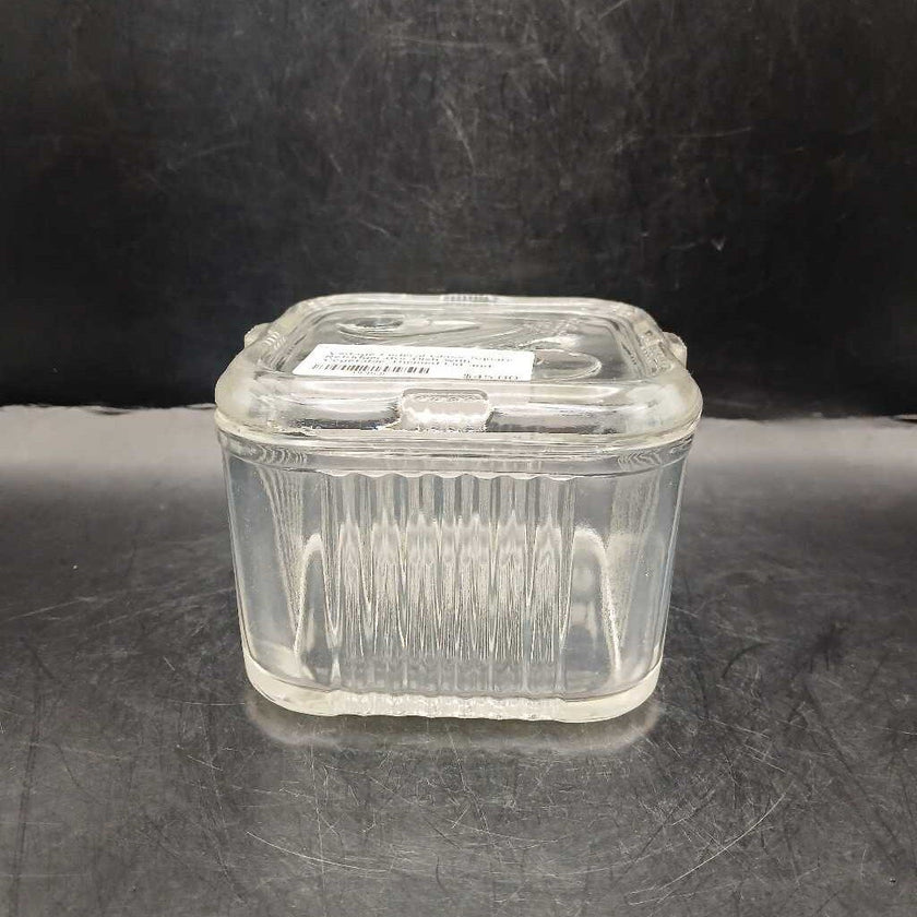 Vintage Federal Glass Square Refridgerator Dish with Vegetable Themed Lid and Ribbed Sides