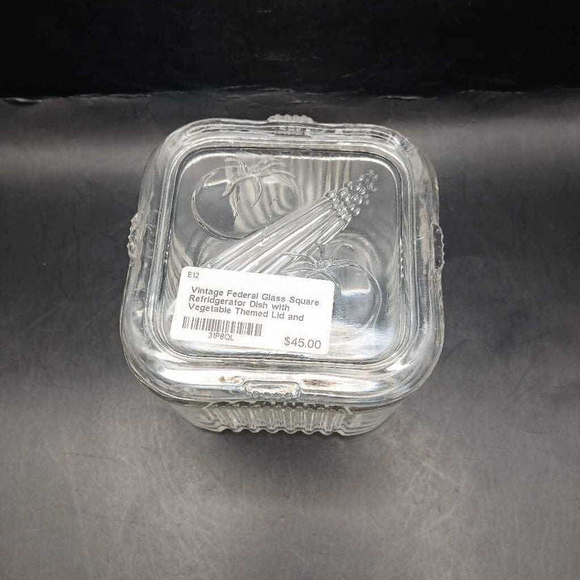 Vintage Federal Glass Square Refridgerator Dish with Vegetable Themed Lid and Ribbed Sides