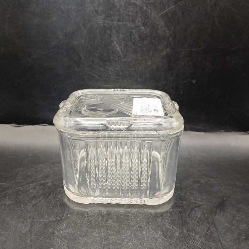 Vintage Federal Glass Square Refridgerator Dish with Vegetable Themed Lid and Ribbed Sides
