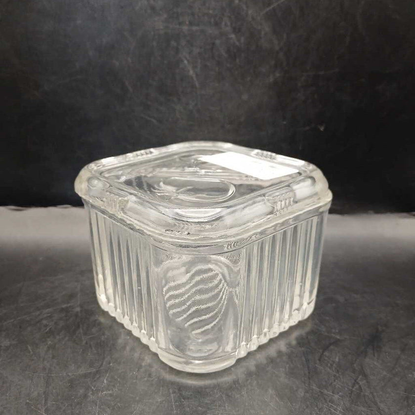 Vintage Federal Glass Square Refridgerator Dish with Vegetable Themed Lid and Ribbed Sides