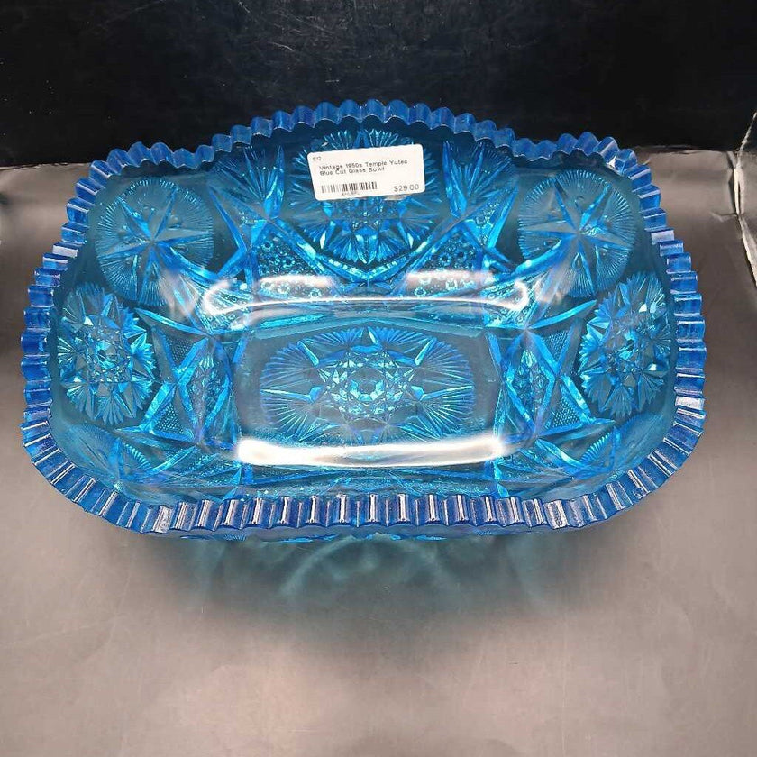 Vintage 1950s Temple Yutec Blue Cut Glass Bowl