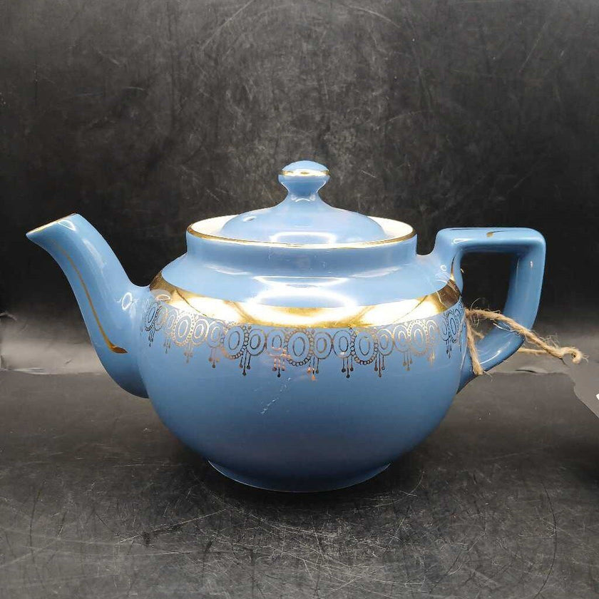 Vtg. MCM Hall Blue Teapot w 22 KT gold accents