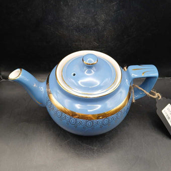 Vtg. MCM Hall Blue Teapot w 22 KT gold accents