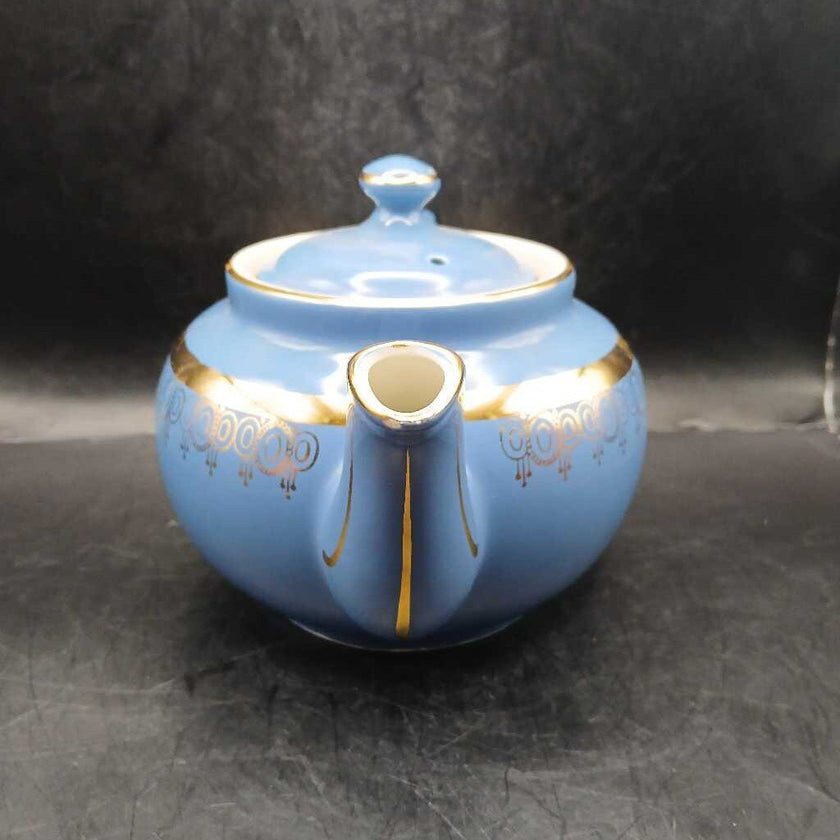 Vtg. MCM Hall Blue Teapot w 22 KT gold accents