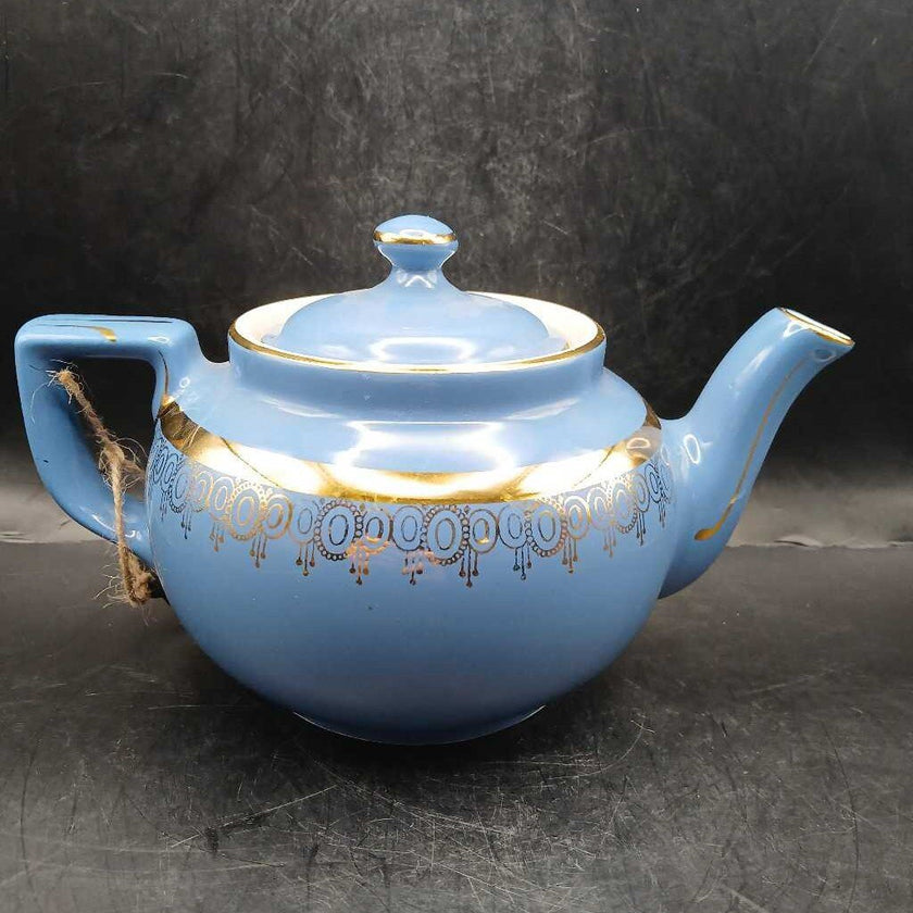 Vtg. MCM Hall Blue Teapot w 22 KT gold accents