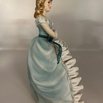 Vintage Lefton China porcelain Lady figurine with ruffled gown & purse #KE3205