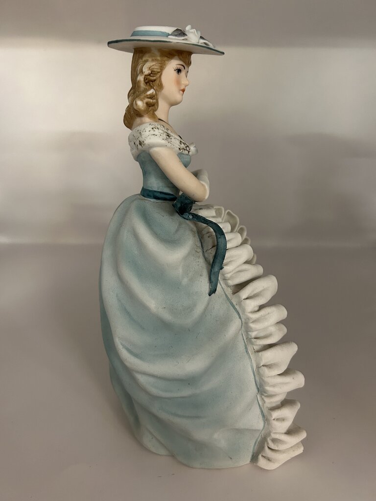 Vintage Lefton China porcelain Lady figurine with ruffled gown & purse #KE3205