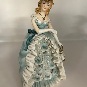 Vintage Lefton China porcelain Lady figurine with ruffled gown & purse #KE3205