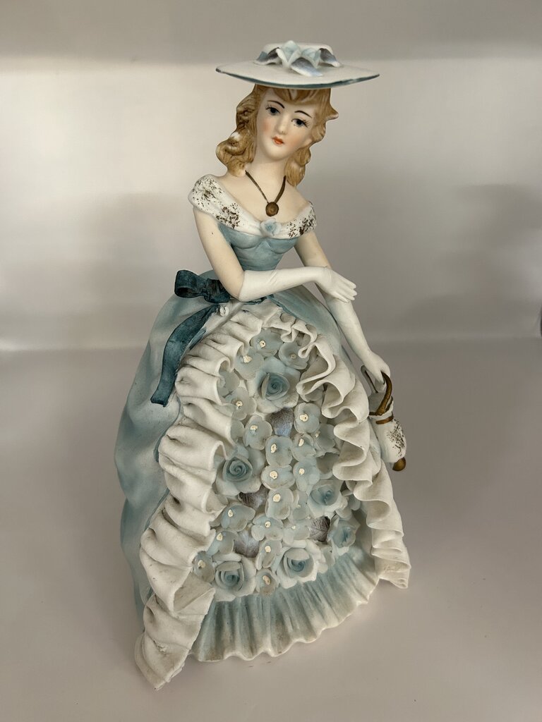 Vintage Lefton China porcelain Lady figurine with ruffled gown & purse #KE3205