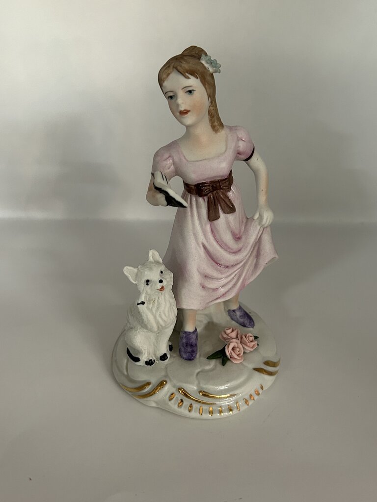 Vintage Capodimonte style porcelain figurine of a girl with a cat, Italy