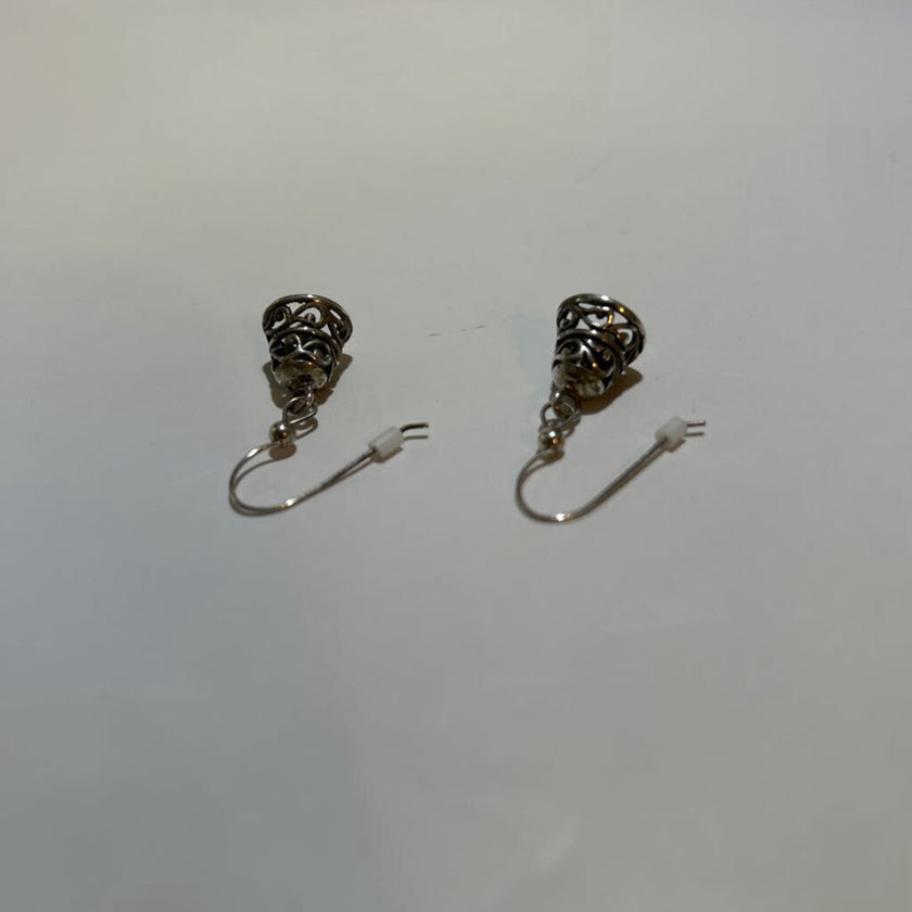 Vintage , 925 Sterling Silver Filigree Bell Dangle ,French hook earrings