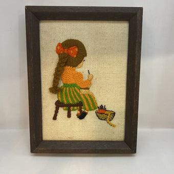 Vintage Crewel Needlepoint Girl Crocheting Framed Art