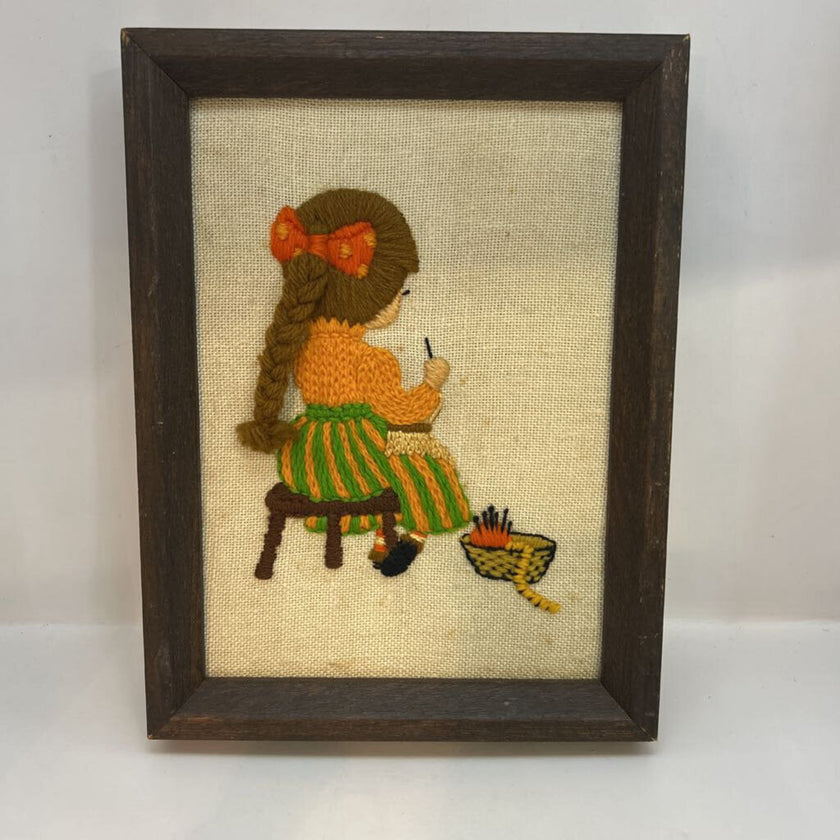 Vintage Crewel Needlepoint Girl Crocheting Framed Art