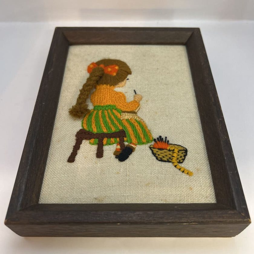 Vintage Crewel Needlepoint Girl Crocheting Framed Art
