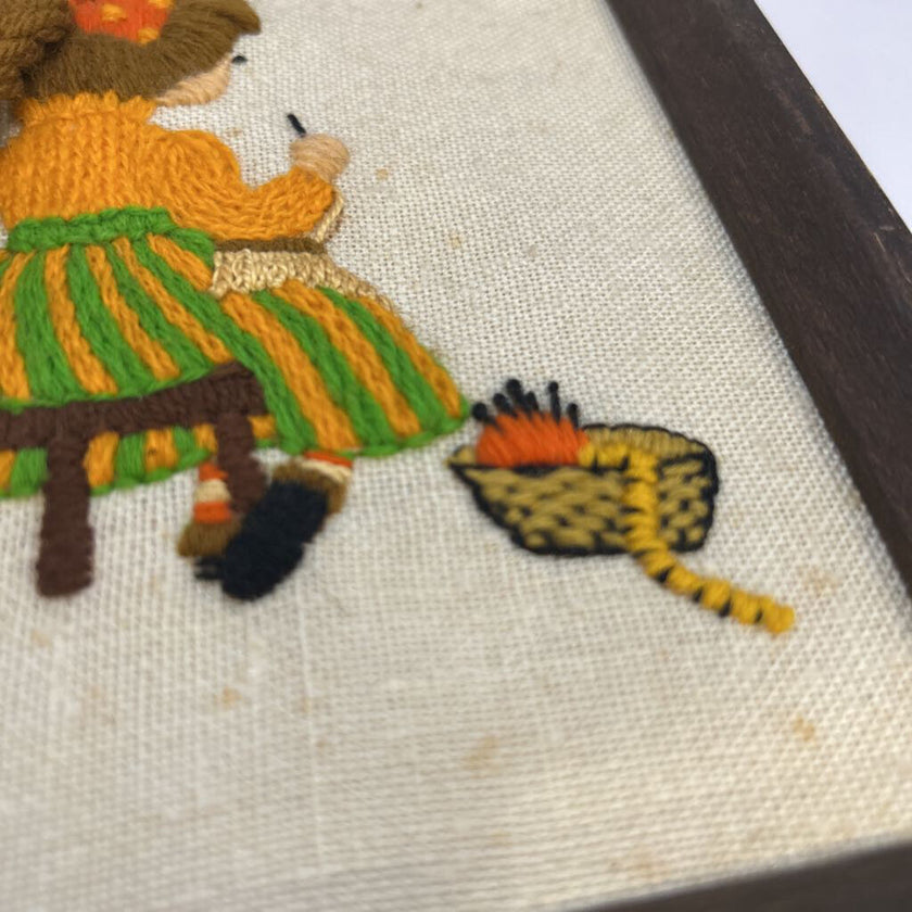 Vintage Crewel Needlepoint Girl Crocheting Framed Art