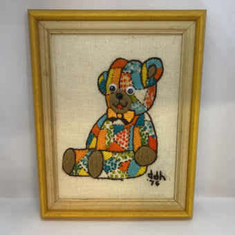 Vintage Crewel Needlepoint Patchwork Bear Framed