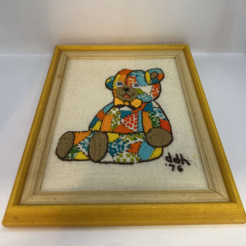 Vintage Crewel Needlepoint Patchwork Bear Framed
