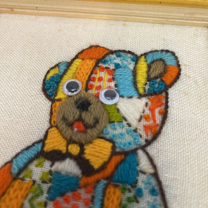 Vintage Crewel Needlepoint Patchwork Bear Framed