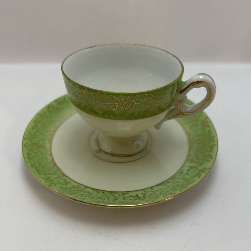 Vintage English fine bone china teacup and saucer with green floral pattern