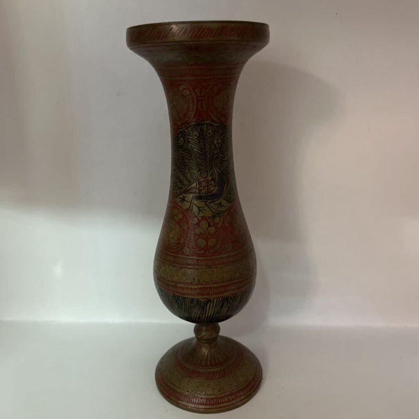 Vtg Brass & Bronze Enameled Etched Bud Vase