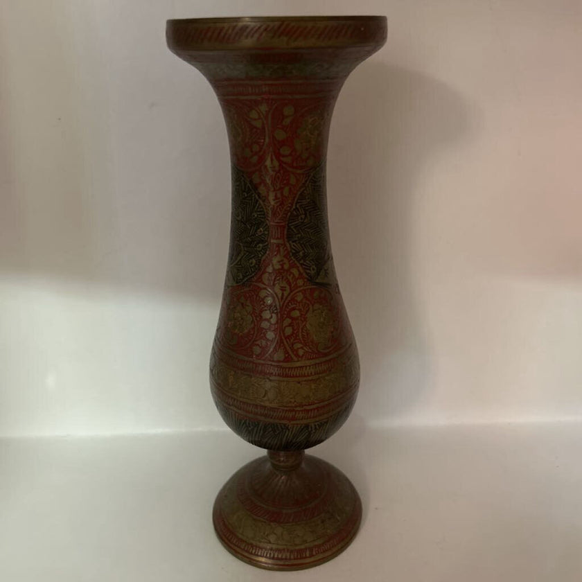 Vtg Brass & Bronze Enameled Etched Bud Vase