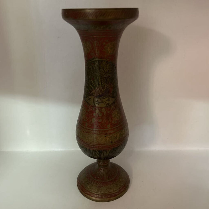Vtg Brass & Bronze Enameled Etched Bud Vase