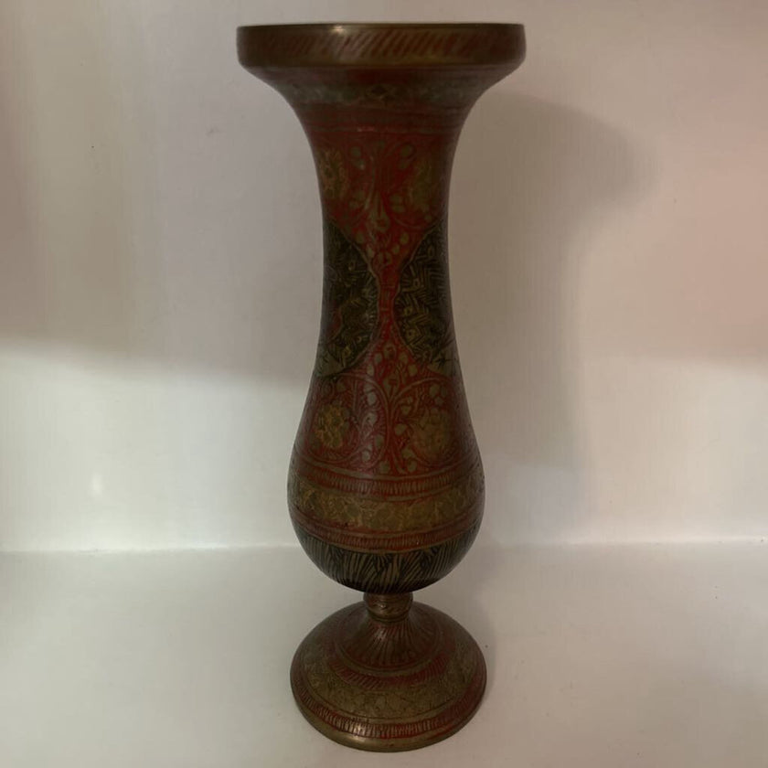 Vtg Brass & Bronze Enameled Etched Bud Vase