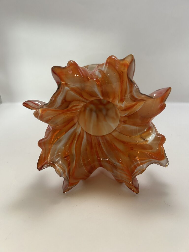 4046 1990s Handblown Orange Swirl Murrhina Ruffled Edge Vase