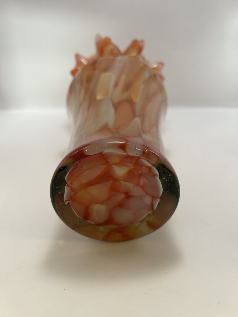4046 1990s Handblown Orange Swirl Murrhina Ruffled Edge Vase