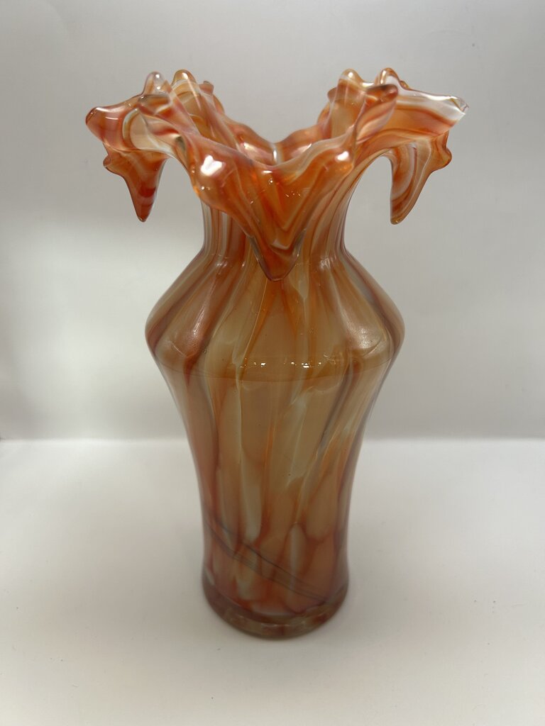 4046 1990s Handblown Orange Swirl Murrhina Ruffled Edge Vase