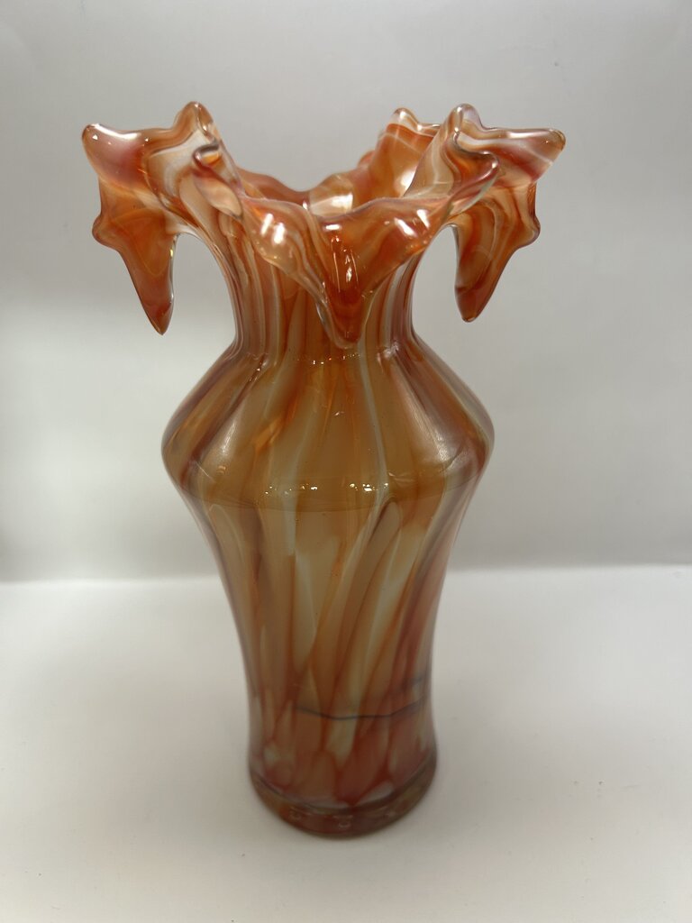 4046 1990s Handblown Orange Swirl Murrhina Ruffled Edge Vase